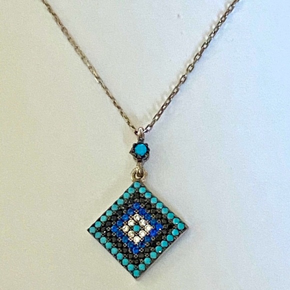 🧿Silver evileye necklace turquoise and cubic zirconia stones - Picture 2 of 2